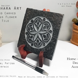 Hand Crafted Gandhara Art Tile with Wooden Stand, Custom Engraved Lotus Flower Buddhist Relief, 5x5 Ancient Replica Table Decor, Wall Tile