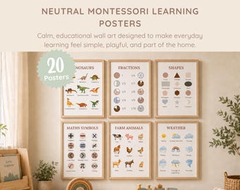 Neutrale Montessori Lernposter, 20er Set Restorative Wand-Kunstdrucke für ruhige Kinderzimmer & Spielzimmer (digitaler Download)