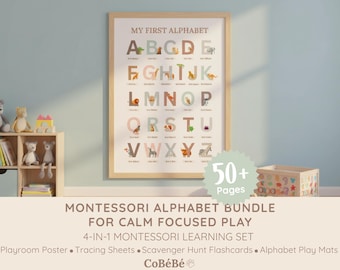 Montessori Alphabet Lernpaket zum ausdrucken, Nachverfolgung Arbeitsblätter, Karteikarten, ABC Poster, Kleinkind Aktivitäten, Vorschule Homeschool Pack