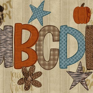 May include: A digital graphic featuring the letters A, B, C, D, and E in various patterns including stripes, solid orange, plaid, and blue floral. The design includes an acorn, a pumpkin, a flower, and two stars on a tan striped background.
