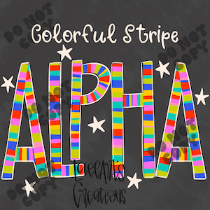 May include: A graphic design featuring the word ALPHA in large, block letters filled with horizontal stripes of bright colors including pink, blue, yellow, and green. The text is set against a dark gray background with white stars.