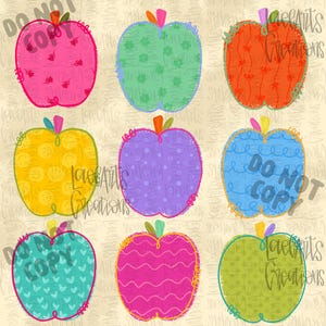 May include: A digital illustration featuring nine stylised apple shapes arranged in a grid. Each apple displays a unique colour and pattern, including floral, polka dot, heart, and wavy line designs, with a small stem on top of each fruit.