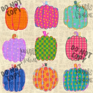 May include: A digital illustration featuring nine stylized pumpkins arranged in a grid. Each pumpkin displays a unique pattern, including polka dots, checkers, stripes, smiley faces, and stars, rendered in vibrant colors like orange, pink, teal, purple, and green.