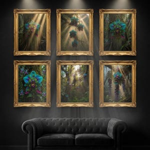 Puede incluir: Seis impresiones artísticas enmarcadas con marcos dorados ornamentados, cada una representando una escena de orquídeas surrealista y vibrante en un exuberante entorno forestal. Las orquídeas presentan tonos de azul, morado y verde, con la luz del sol atravesando los árboles. Un sofá de terciopelo negro se encuentra debajo.