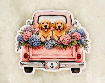 Pink Truck Puppy-sticker, matte afwerking, bloemenkunst kusthortensia