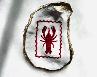 Vide-poches huître et homard peint à la main, porte-bague doré à la main, décor nautique côtier