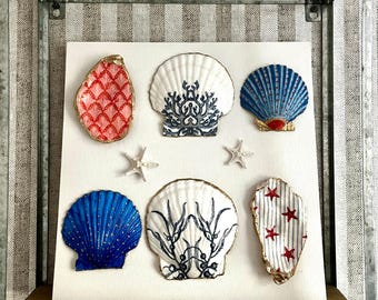 Toile corail et coquillages bleu marine - Oeuvre d'art originale 30,5 x 30,5 cm