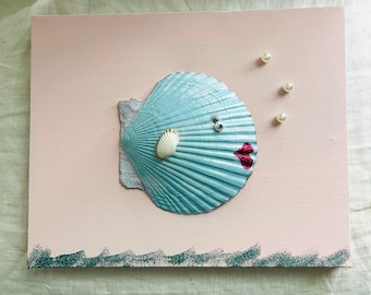 Fish Kisses Collection, Seashell Wall Art, Whimsical Seashell Canvas | Handmade Coastal Beach Wall Art 8 x 10"