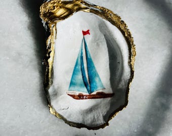 Porte-bagues coquille d'huître voilier, porte-bagues voilier, porte-bague de fiançailles, cadeau de douche nuptiale ou de jeunes mariés, faveur de mariage