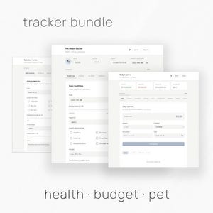 Puede incluir: Un conjunto de rastreadores digitales sobre un fondo blanco. Los rastreadores incluyen un rastreador de síntomas, un rastreador de salud para mascotas y un planificador de presupuesto. El texto "tracker bundle" está en la parte superior y "health, budget, pet" en la parte inferior.