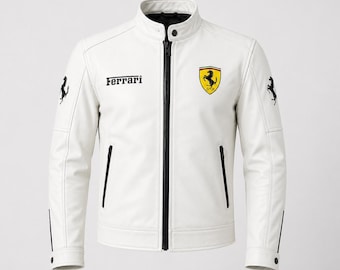 Men's Ferrari Formula 1 Jacket Handmade White Leather Ferrari Racing Style Jacket Motorsport and Streetwear Jacket Available Size (XS-3XL)