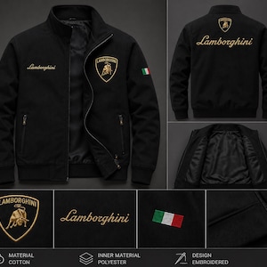 Può includere: Giacca nera con logo Lamborghini ricamato in oro sul petto e sulla schiena. Presenta colletto rialzato, chiusura con zip e patch della bandiera italiana sulla manica. Realizzata in cotone e poliestere.