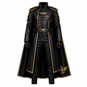 May include: A black long coat with gold trim, shoulder pads, and a matching belt featuring a skull emblem. The coat includes a high collar, gold buttons, and a cape with a gold skull and wing design. Black trousers with side straps complete the set.
