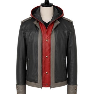 May include: A multi-layered jacket featuring a black leather outer shell with grey accents on the cuffs, shoulders, and front placket. It includes a red inner layer with a matching red-lined hood, a front zipper closure, and metallic buttons.