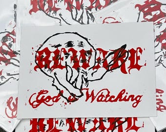 ¡Cuidado! Grabado en linóleo inspirado en Death Grips / Arte impreso a mano