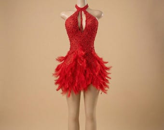 Red Feather Mini Dress, Rhinestone Halter Dress, Glam Party Dress, Birthday Outfit, Clubwear, Y2K Evening Dress