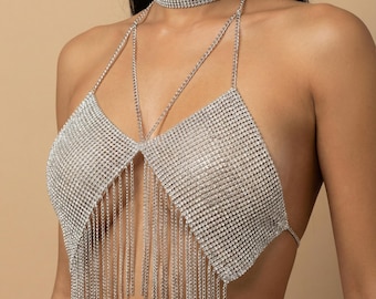 Rhinestone Chain Halter Top, Sparkly Festival Outfit, Metallic Fringe Top, Clubwear, Sexy Party Top, Statement Jewelry Top