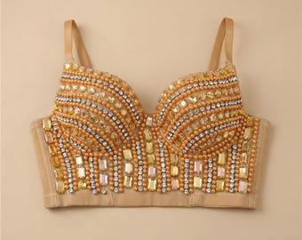 Rhinestone Bustier Top, Beaded Corset Crop Top, Festival Rave Outfit, Sparkly Party Top, Clubwear Bralette, Statement Top, EDM Outfit