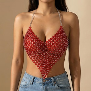 Top halter con corazón de cristal rojo, top corto con corazón de cuentas, atuendo para festivales, top para fiestas rave, top para el Día de San Valentín, ropa de fiesta y club, moda Y2K