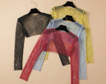 Rhinestone Mesh Crop Top, Sparkly Sheer Shrug, Festival Outfit, Rave Top, Y2K Clubwear, Long Sleeve Glitter Top, Layering Bolero