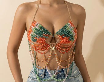 Beaded Rave Bra Top, Handmade Festival Jewelry Top, Chain Bra Outfit, Boho Rave Wear, Burning Man Top