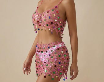 Sequin Mesh Rave Set, Festival Bra and Skirt Set, Colorful Belly Dance Outfit, EDM Party Wear, Burning Man Costume