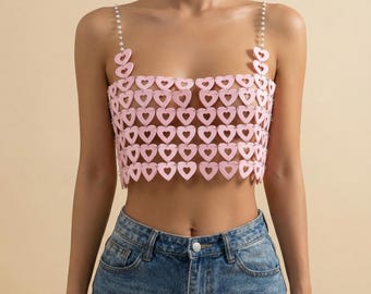 Pink Heart Chain Crop Top, Festival Rave Top, Y2K Party Outfit, Coquette Aesthetic, Cute Statement Top for Women