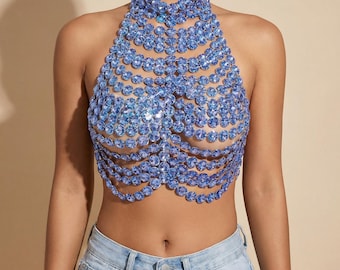 Luxury Crystal Mesh Halter Top, Rhinestone Festival Crop Top, Sparkly Chain Top, Party Outfit, Y2K Clubwear Blue, Burning Man Outfit