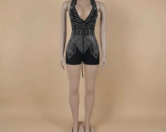 Rave Halter Romper Bodysuit, Backless Festival Outfit for Women, EDM Clubwear Playsuit, Burning Man Costume, Sexy Dance Jumpsuit