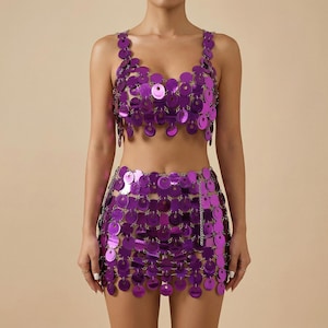 Conjunto de falda de lentejuelas moradas, conjunto de dos piezas para festivales, top corto de discoteca, atuendo para fiestas rave, conjunto para conciertos, ropa de club para fiestas Y2K