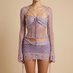 Conjunto de falda de crochet brillante, atuendo para festivales, conjunto de playa con lentejuelas, atuendo para fiestas rave para mujer, top de punto transparente y falda, estilo Ibiza, fiesta de verano
