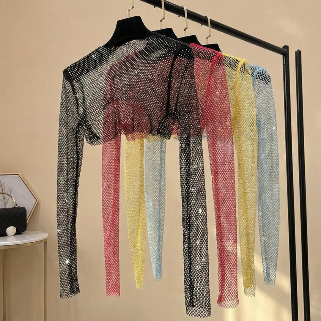Sparkly Mesh Rave Top, Sheer Long Sleeve Festival Crop Top, Glitter ...