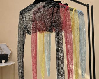 Sparkly Mesh Rave Top, Sheer Long Sleeve Festival Crop Top, Glitter Clubwear, EDM Party Outfit, Layering Bolero, Long Sleeve Glitter Top