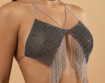 Black Crystal Fringe Halter Top – Rave Outfit, Chain Bralette, EDM Festival Wear, Sparkly Night Top, Burning Man Look