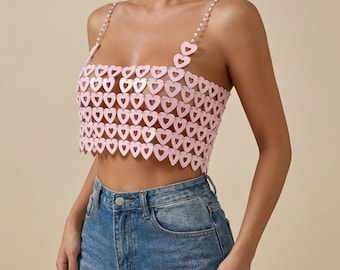 Pink Heart Chain Top – Rave Outfit, Festival Crop Top, Handmade Statement Clubwear