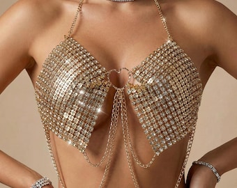Rhinestone Body Chain Top Gold Silver, Crystal Festival Bra, Sexy Chain Top, Heart Detail Chest Jewelry, Rave Outfit Ibiza Style