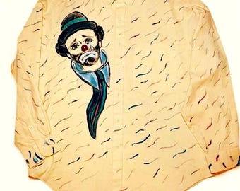 Camisa vintage Cacharel con payaso pintado a mano. Una pieza verdaderamente única.