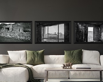 Set of 3 Black White Farmhouse Prints, Rustic Stone Cottage Wall Art, Moody Lake Art