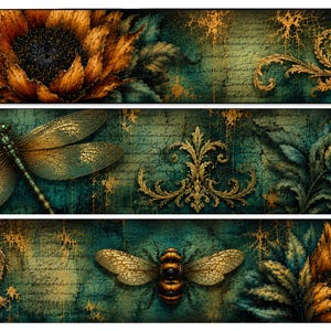 May include: Three horizontal rectangular panels featuring a dark teal background with gold script, ornate filigree, a large sunflower, a dragonfly with textured wings, and a bee, all rendered in a rich, layered, and distressed artistic style.