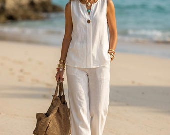 Completo due pezzi da donna - Canotta senza maniche con scollo a V e pantaloni a gamba larga - Completo estivo elegante e comodo per il relax.