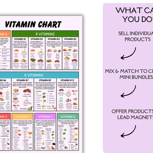 May include: A rectangular Vitamin Chart poster with a white background and black text, organized into color-coded sections for vitamins A, B, C, D, E, and K. To the right, a light purple panel displays the text: WHAT CAN YOU DO? SELL INDIVIDUAL PRODUCTS, MIX & MATCH TO CREATE MINI BUNDLES, OFFER PRODUCTS AS LEAD MAGNETS, with black arrows pointing left.
