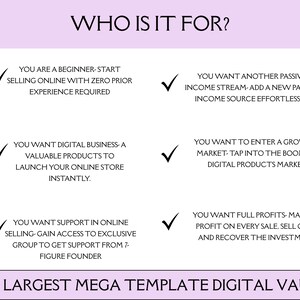 Op de afbeelding: Een afbeelding met de tekst "VOOR WIE IS HET?" geeft voordelen voor online verkopers. Het bevat punten over beginnen zonder ervaring, passief inkomen, digitaal bedrijf en markttoegang. De onderkant luidt "THE LARGEST MEGA TEMPLATE DIGITAL VAULT."