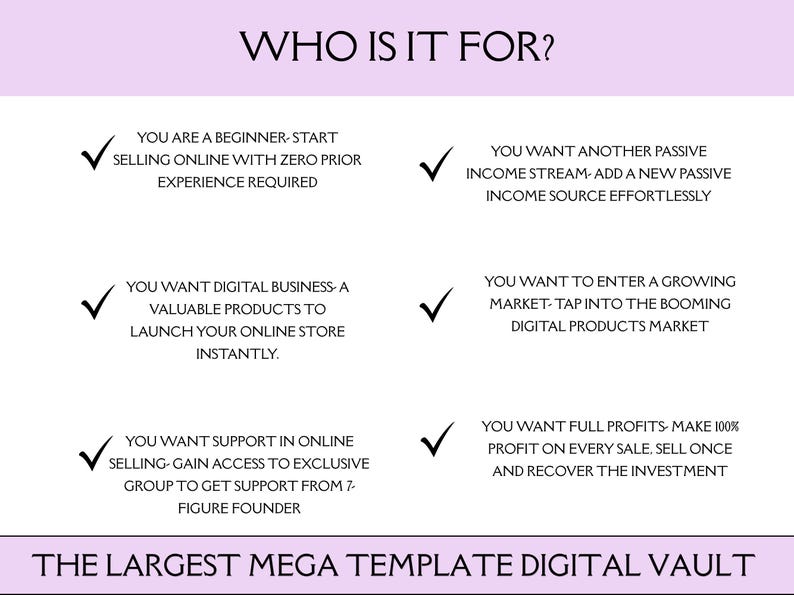 Op de afbeelding: Een afbeelding met de tekst "VOOR WIE IS HET?" geeft voordelen voor online verkopers. Het bevat punten over beginnen zonder ervaring, passief inkomen, digitaal bedrijf en markttoegang. De onderkant luidt "THE LARGEST MEGA TEMPLATE DIGITAL VAULT."