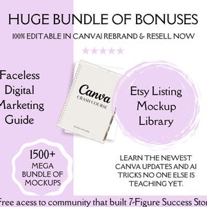 Op de afbeelding: Afbeelding die een digitale marketinggids en Etsy-listing-mockup-bibliotheek promoot. De afbeelding toont een notitieboek met de titel "Canva Crash Course" en de tekst "Huge Bundle of Bonuses" en "100% Editable in Canva Rebrand & Resell Now."