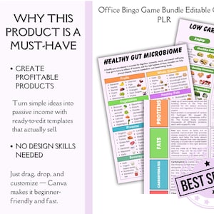 May include: A digital bundle of educational charts featuring the text Healthy Gut Microbiome and Low Carb Food Chart. The documents include colorful sections with icons and lists for fruits, vegetables, proteins, fats, and carbohydrates.