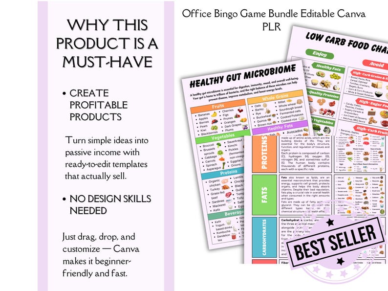 May include: A digital bundle of educational charts featuring the text Healthy Gut Microbiome and Low Carb Food Chart. The documents include colorful sections with icons and lists for fruits, vegetables, proteins, fats, and carbohydrates.