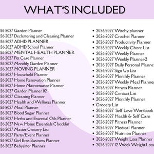 Op de afbeelding: Een lijst met planners voor verschillende aspecten van het leven, waaronder tuinieren, gezondheid en zaken. De tekst "WHAT'S INCLUDED" staat bovenaan. De lijst bevat planners voor 2026-2027, zoals een Tuinplanner en een Gewichtsverliesplanner.