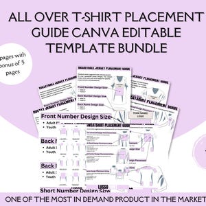 May include: A bundle of Canva editable templates for all-over t-shirt placement. The guide includes 5 pages with a bonus of 5 pages, offering design size information for various jersey styles. The text includes "Front Number Design Size" and "Back Number Design Size."