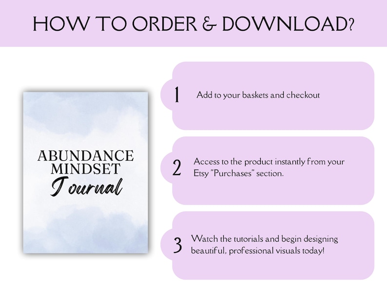 Op de afbeelding: Afbeelding met instructies voor het bestellen en downloaden van een digitaal product. Het toont een journal cover met de woorden "ABUNDANCE MINDSET Journal" tegen een lichtblauwe aquarel achtergrond. De tekst legt het aankoopproces uit.