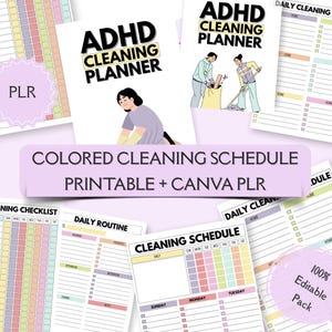 May include: A collection of printable cleaning schedules and planners with the text "ADHD Cleaning Planner" and "Colored Cleaning Schedule Printable + Canva PLR". The designs feature pastel colors and illustrations of people cleaning.